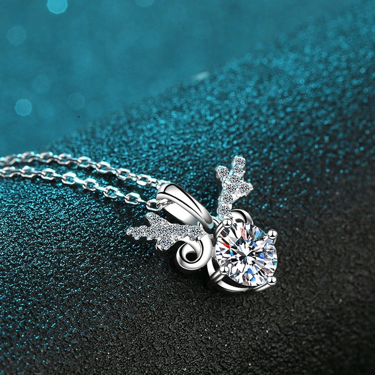 Deer Antler Moissanite Pendant Necklace with CZ in Rhodium-Plated S925 sterling silver product scene view showing chain and setting detail
