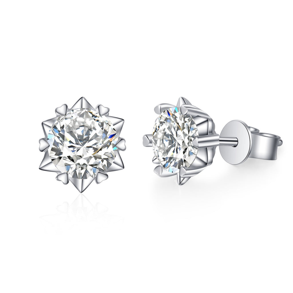 Round Moissanite Stud Earrings in Rhodium-Plated S925 Sterling Silver on clean white background showing the pair, setting, and stud earrings silhouette