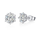 Round Moissanite Stud Earrings in Rhodium-Plated S925 Sterling Silver on clean white background showing the pair, setting, and stud earrings silhouette