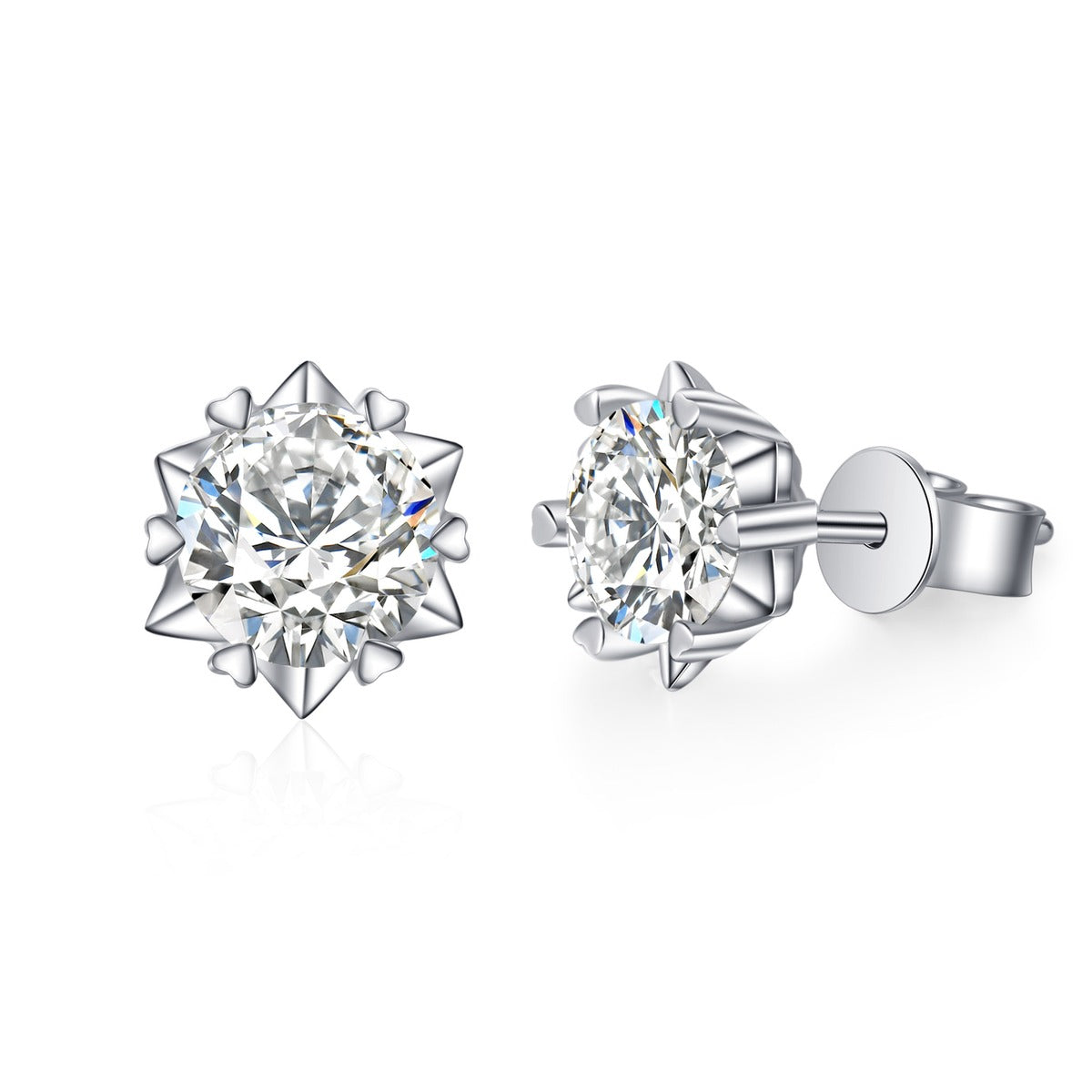 Round Moissanite Stud Earrings in Rhodium-Plated S925 Sterling Silver on clean white background showing the pair, setting, and stud earrings silhouette
