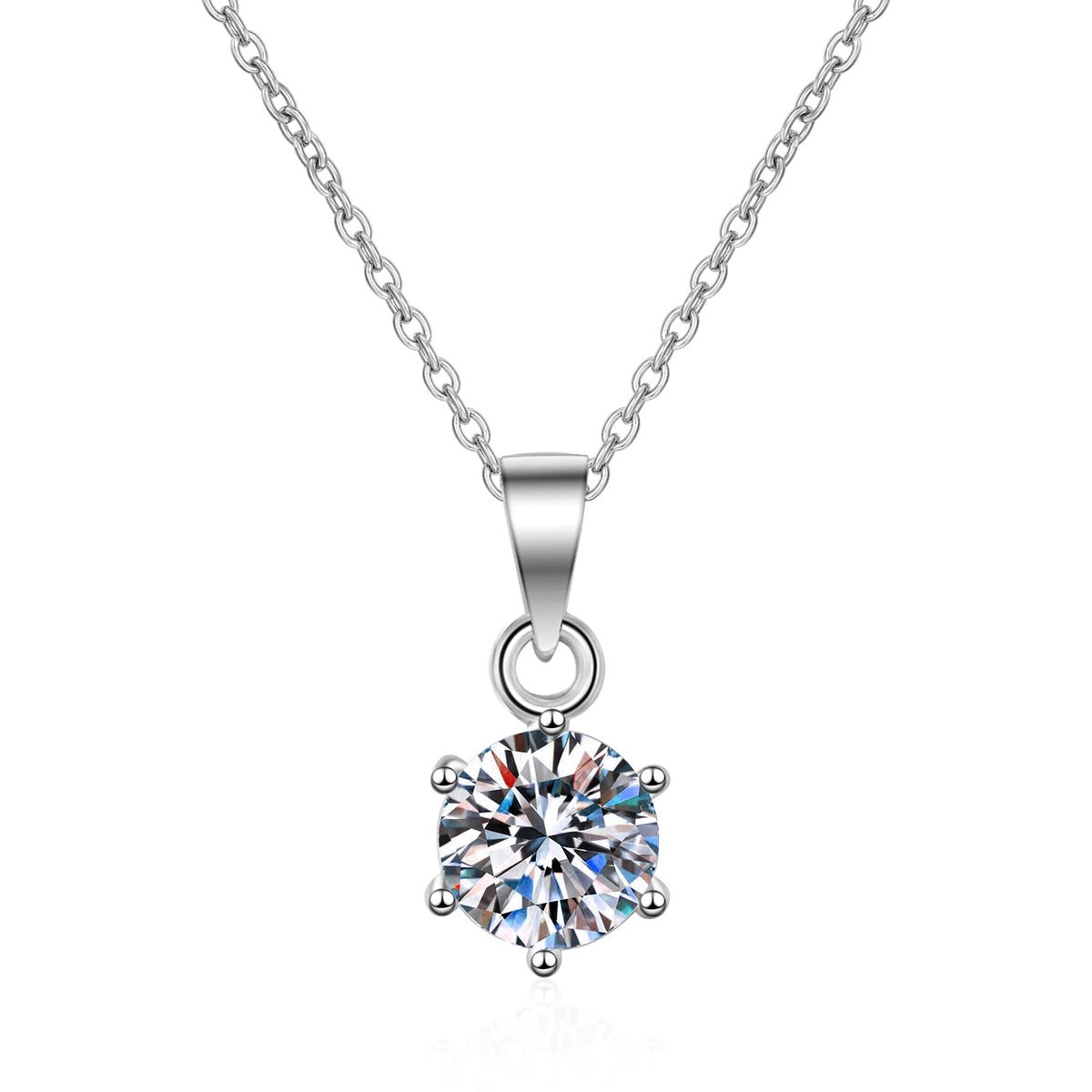 Solitaire Moissanite Pendant Necklace in Rhodium-Plated S925 sterling silver on white background showing pendant shape and round moissanite