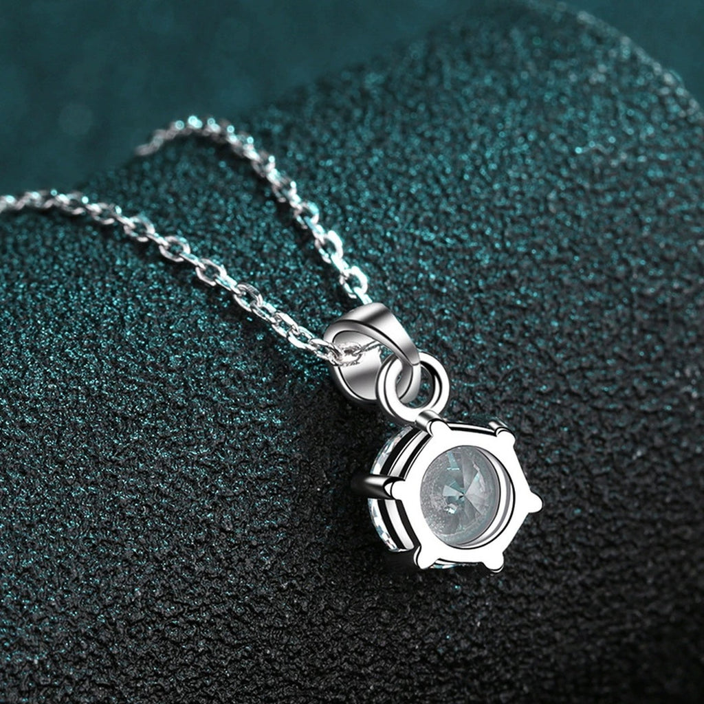 Solitaire Moissanite Pendant Necklace in Rhodium-Plated S925 sterling silver product scene view showing pendant detail