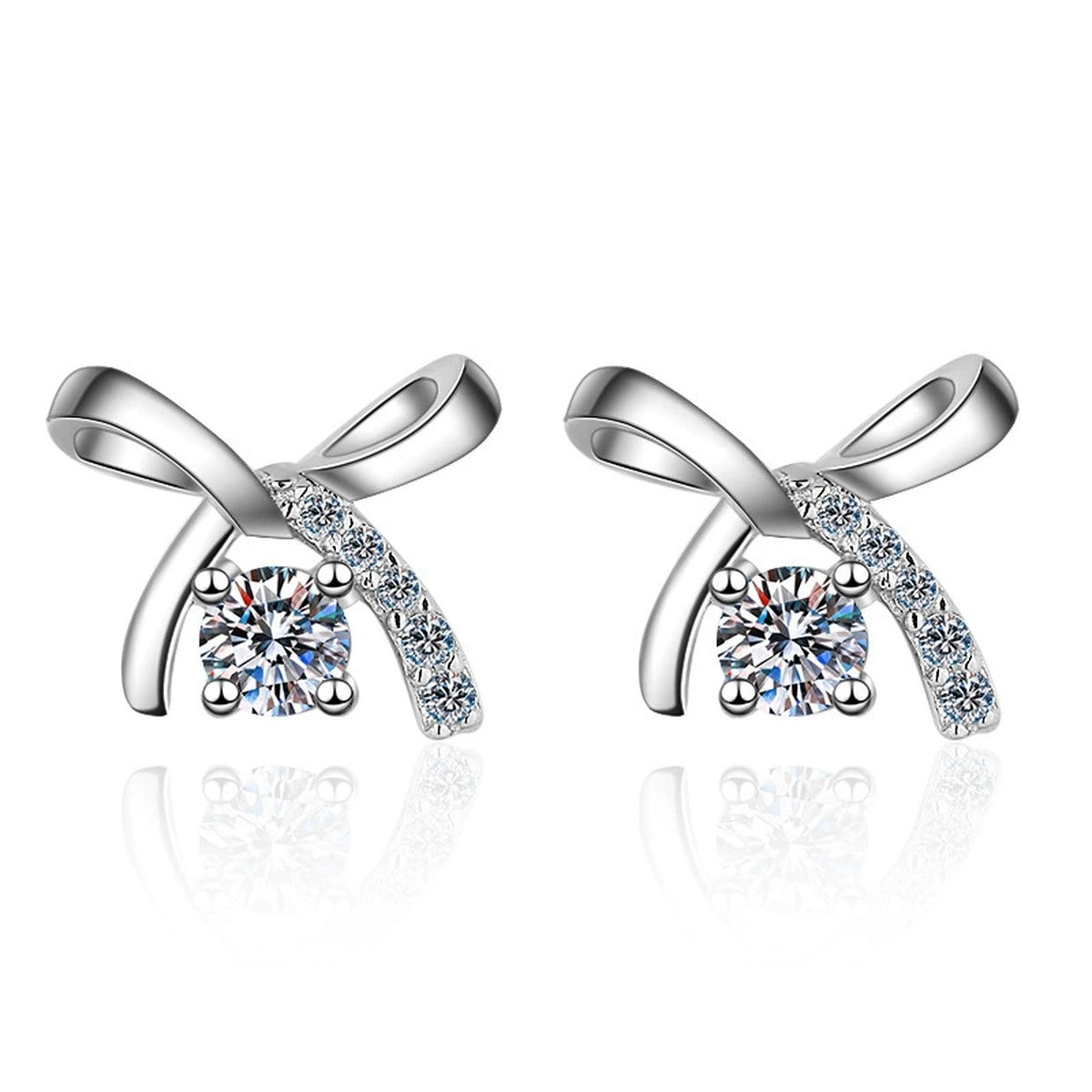 Bow Moissanite Stud Earrings with CZ in Rhodium-Plated S925 Sterling Silver on clean white background showing the pair, setting, and stud earrings silhouette
