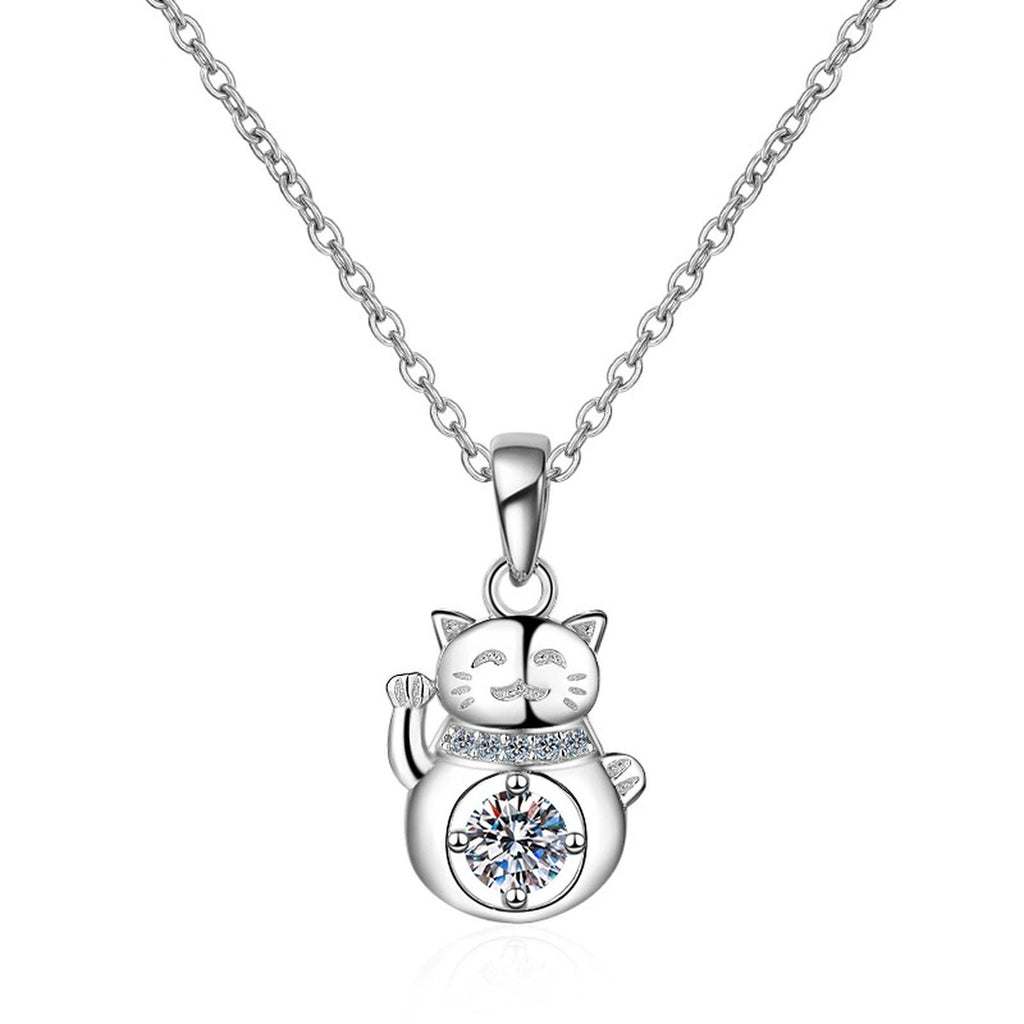 Cat Moissanite Pendant Necklace with CZ in Rhodium-Plated S925 sterling silver on white background showing pendant shape and round moissanite