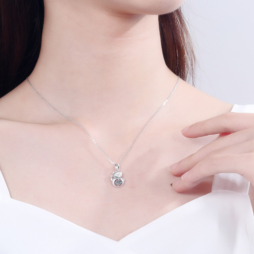 Cat Moissanite Pendant Necklace with CZ in Rhodium-Plated S925 sterling silver worn on neckline by model showing scale and adjustable chain styling