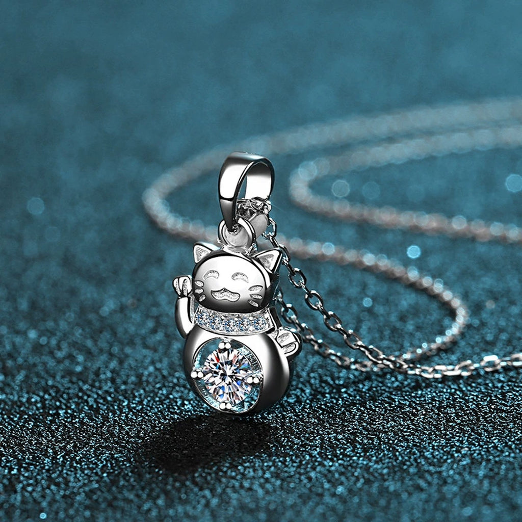 Cat Moissanite Pendant Necklace with CZ in Rhodium-Plated S925 sterling silver product scene view showing chain and setting detail