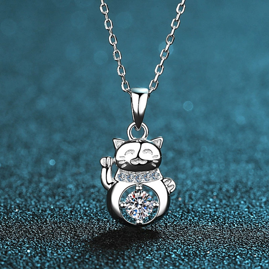 Cat Moissanite Pendant Necklace with CZ in Rhodium-Plated S925 sterling silver product scene view showing angled sparkle