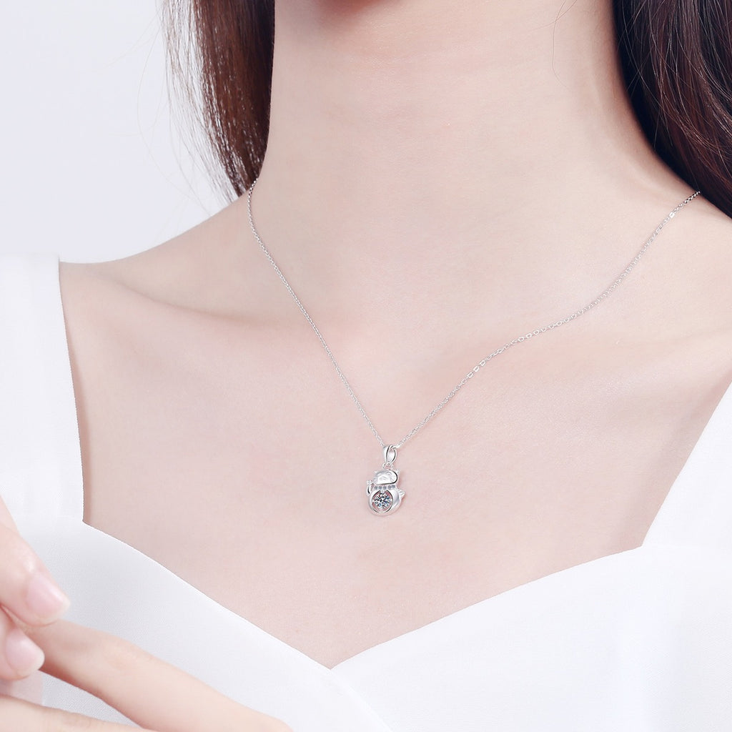 Cat Moissanite Pendant Necklace with CZ in Rhodium-Plated S925 sterling silver worn on neckline by model showing scale and adjustable chain styling