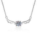 Angel Wing Moissanite Pendant Necklace in Rhodium-Plated S925 sterling silver on white background showing pendant shape and round moissanite