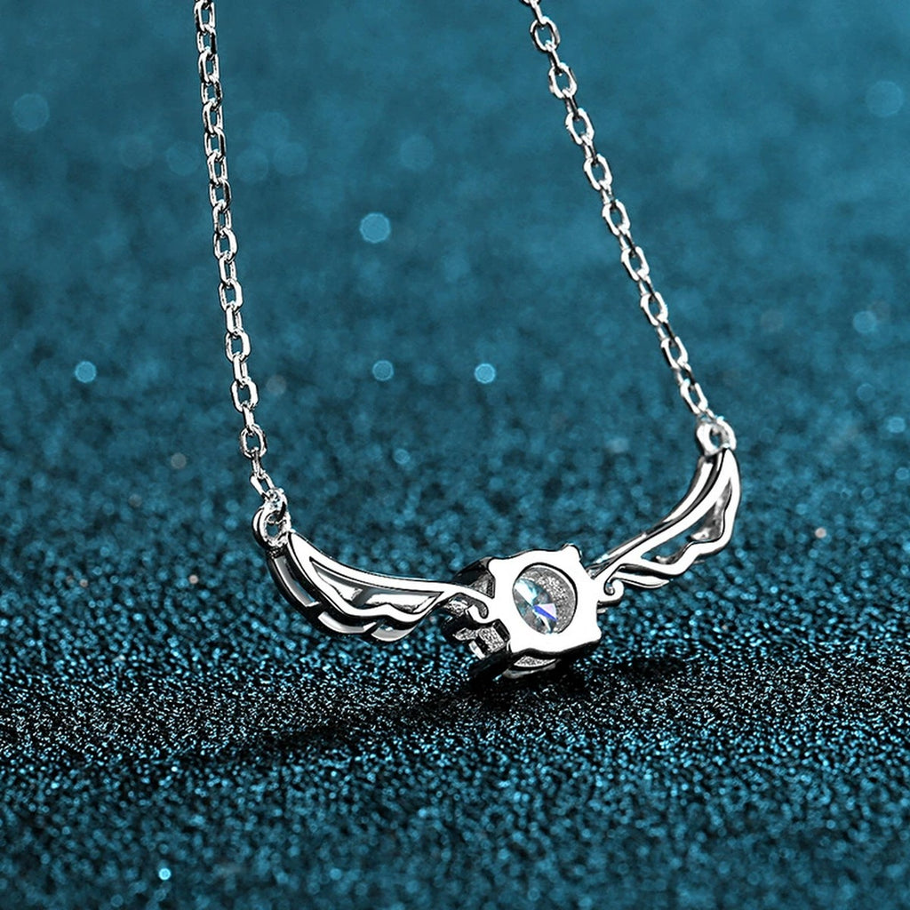 Angel Wing Moissanite Pendant Necklace in Rhodium-Plated S925 sterling silver product scene view showing pendant detail