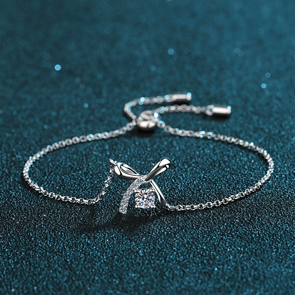 Bow Moissanite Adjustable Bracelet with CZ in Rhodium-Plated S925 sterling silver close-up bracelet detail view showing clasp and motif
