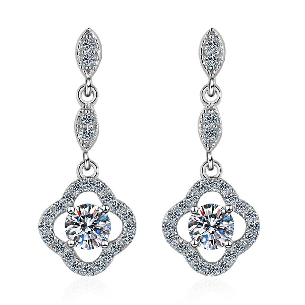 Clover Moissanite Stud Dangle Earrings with CZ in Rhodium-Plated S925 Sterling Silver on clean white background showing the pair, setting, and stud dangle earrings silhouette