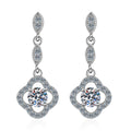 Clover Moissanite Stud Dangle Earrings with CZ in Rhodium-Plated S925 Sterling Silver on clean white background showing the pair, setting, and stud dangle earrings silhouette