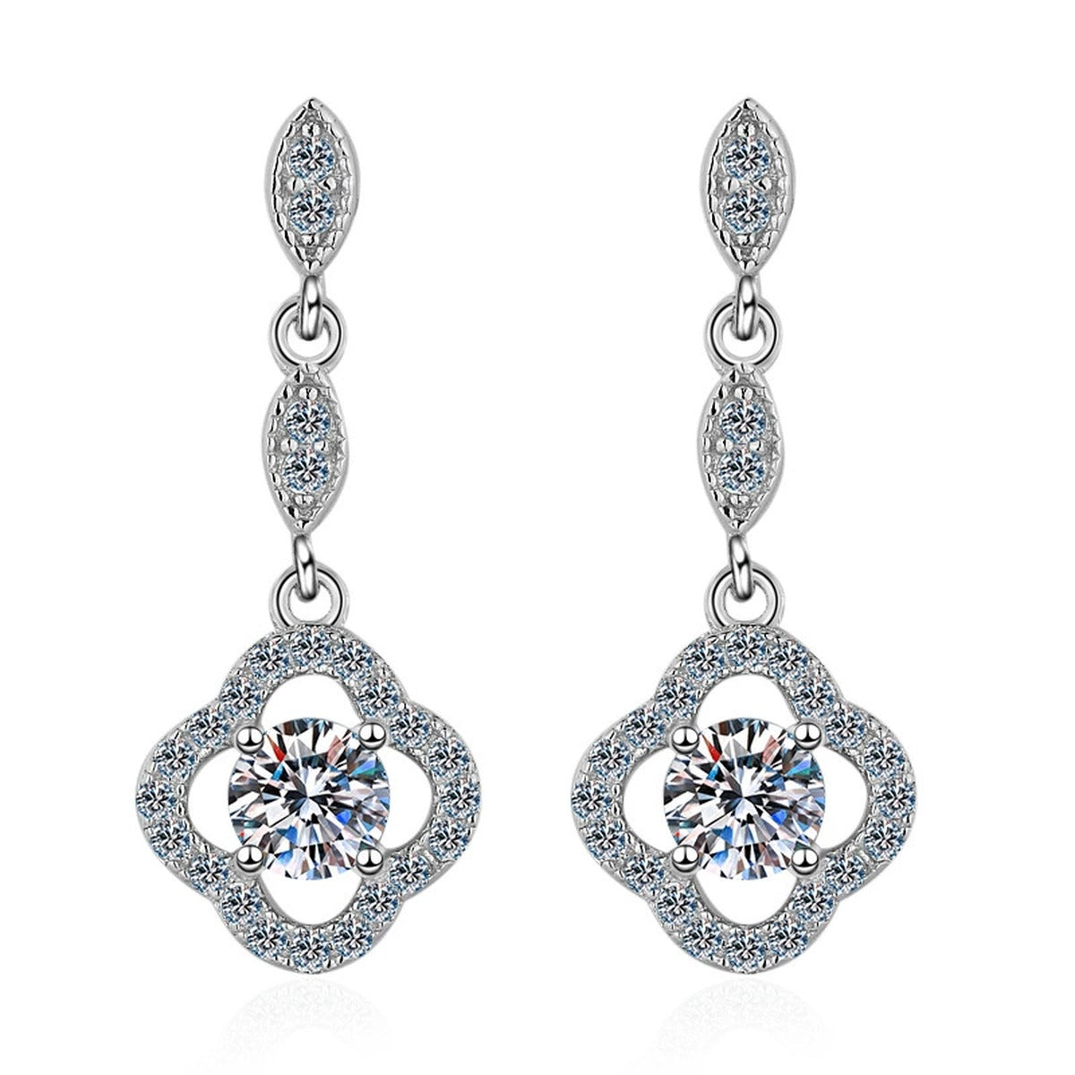 Clover Moissanite Stud Dangle Earrings with CZ in Rhodium-Plated S925 Sterling Silver on clean white background showing the pair, setting, and stud dangle earrings silhouette