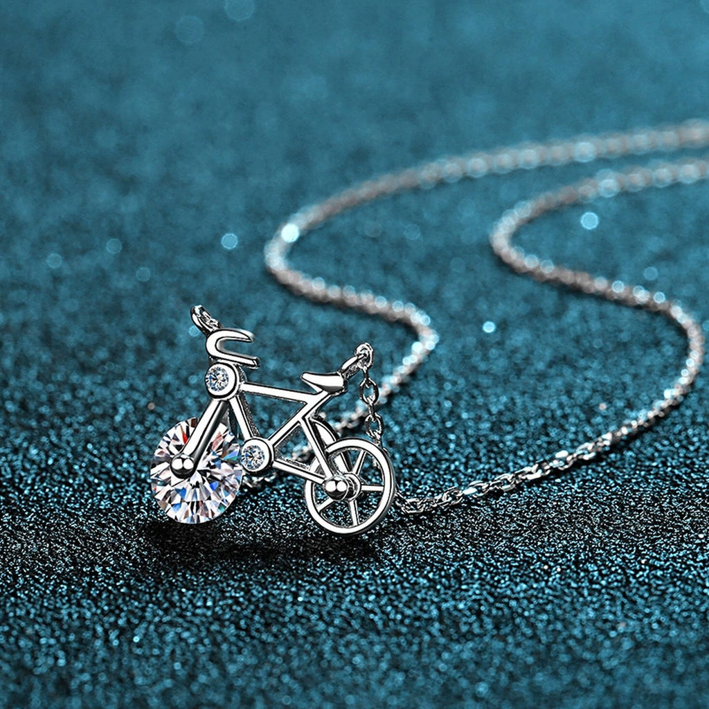 Bicycle Moissanite Pendant Necklace with CZ in Rhodium-Plated S925 sterling silver product scene view showing pendant detail