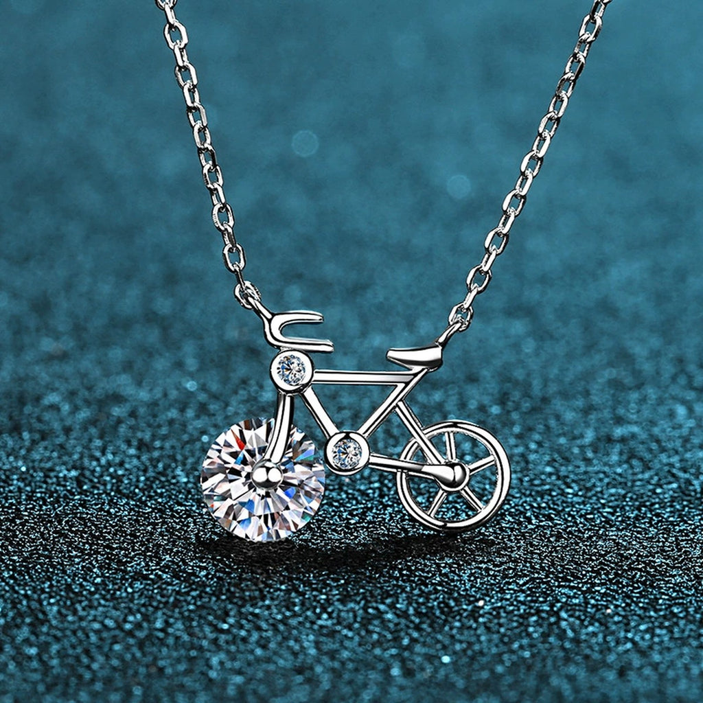 Bicycle Moissanite Pendant Necklace with CZ in Rhodium-Plated S925 sterling silver product scene view showing chain and setting detail