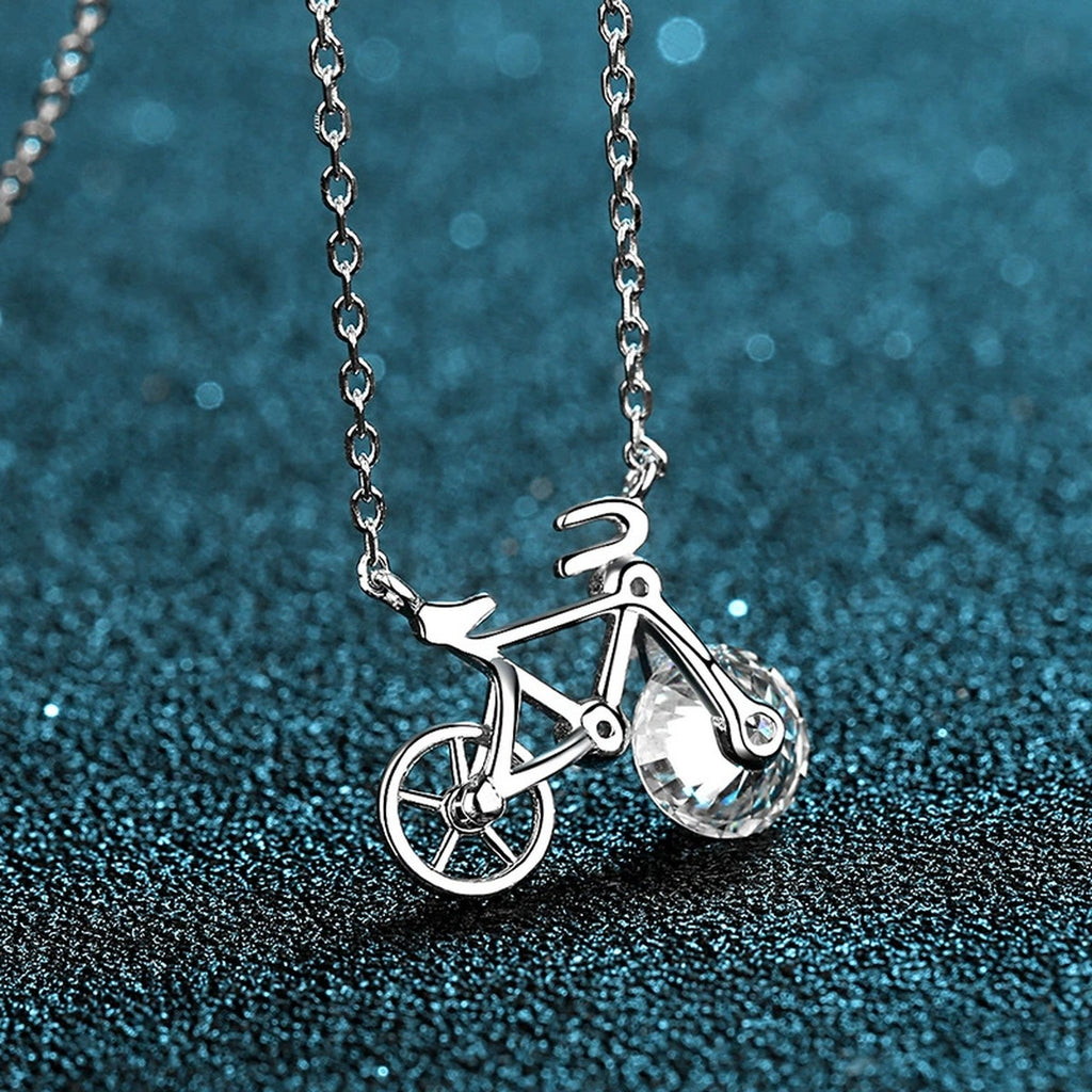 Bicycle Moissanite Pendant Necklace with CZ in Rhodium-Plated S925 sterling silver product scene view showing angled sparkle