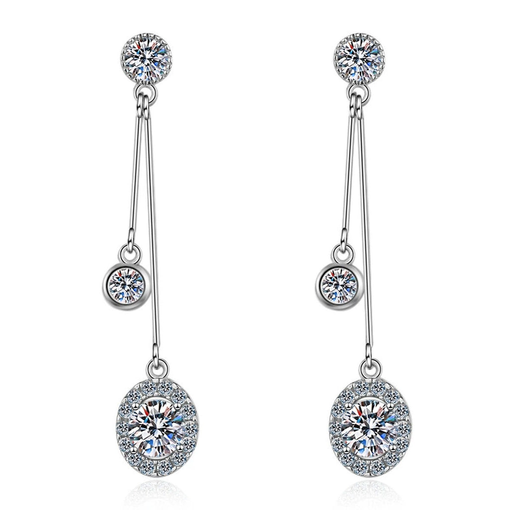 Linear Moissanite Stud Dangle Earrings with CZ in Rhodium-Plated S925 Sterling Silver on clean white background showing the pair, setting, and stud dangle earrings silhouette
