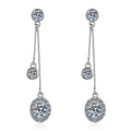 Linear Moissanite Stud Dangle Earrings with CZ in Rhodium-Plated S925 Sterling Silver on clean white background showing the pair, setting, and stud dangle earrings silhouette