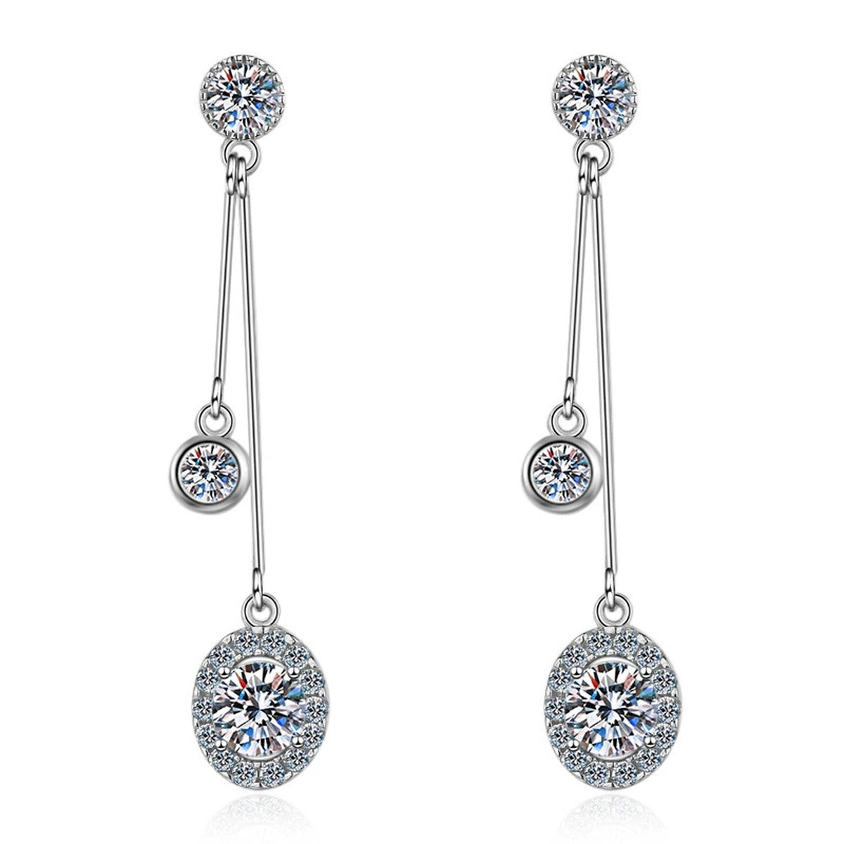 Linear Moissanite Stud Dangle Earrings with CZ in Rhodium-Plated S925 Sterling Silver on clean white background showing the pair, setting, and stud dangle earrings silhouette