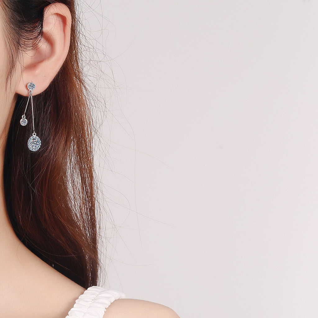 Linear Moissanite Stud Dangle Earrings with CZ in Rhodium-Plated S925 Sterling Silver worn on ear by model to show scale, drop length, and everyday styling