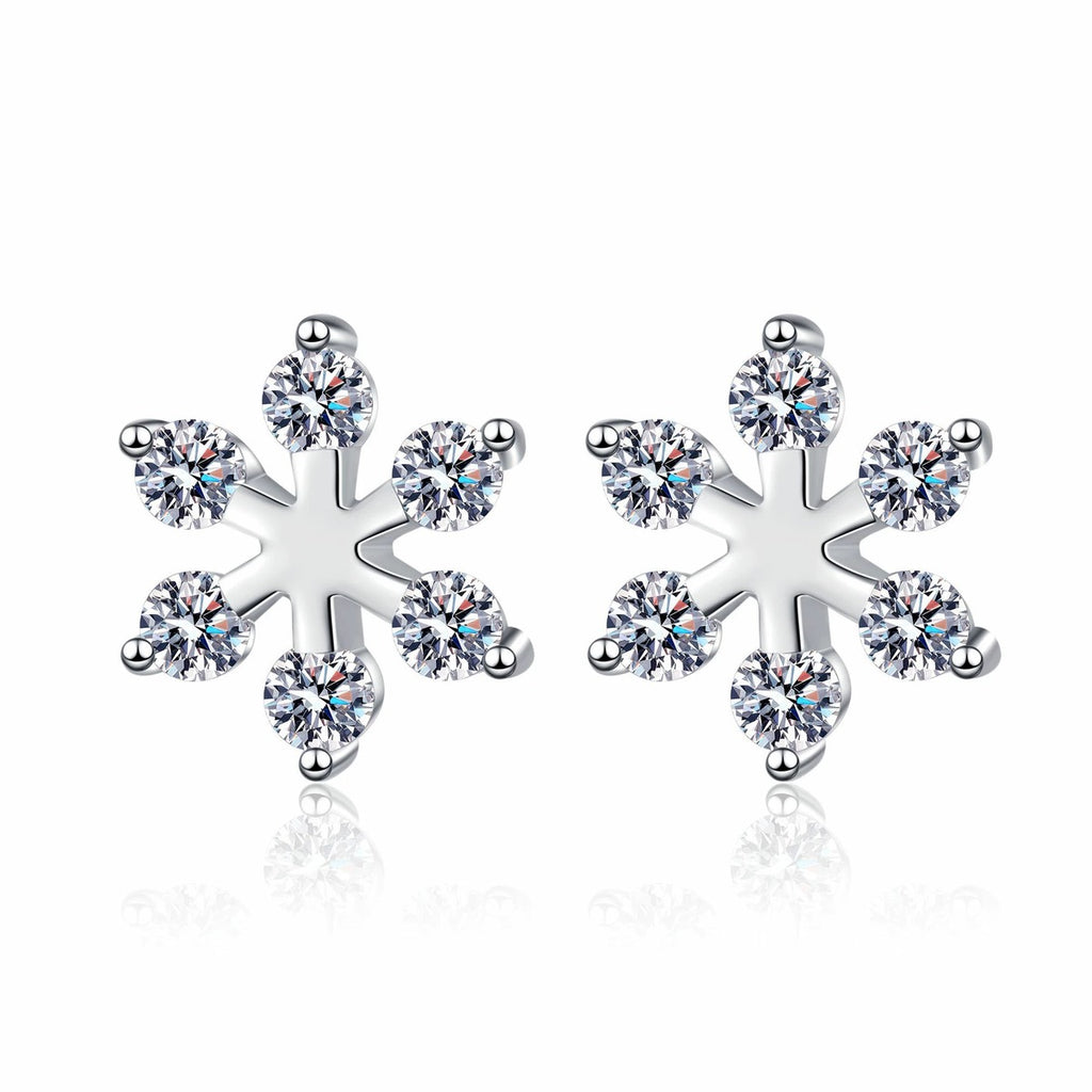 Snowflake Moissanite Stud Earrings in Rhodium-Plated S925 sterling silver white background product photo showing the pair, stone shape, and stud earrings silhouette