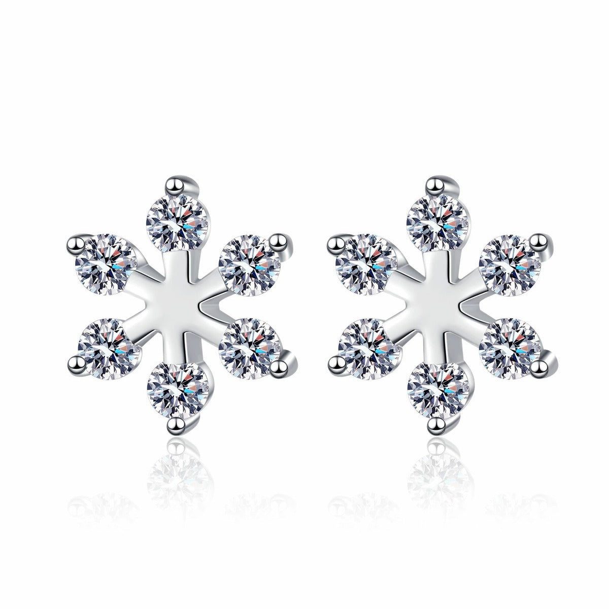 Snowflake Moissanite Stud Earrings in Rhodium-Plated S925 sterling silver white background product photo showing the pair, stone shape, and stud earrings silhouette