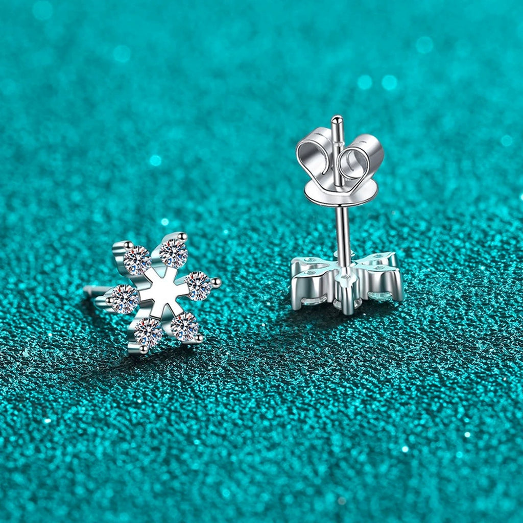 Snowflake Moissanite Stud Earrings in Rhodium-Plated S925 sterling silver product scene view showing front sparkle