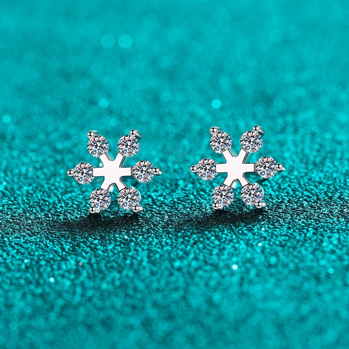 Snowflake Moissanite Stud Earrings in Rhodium-Plated S925 sterling silver product scene view showing angled setting detail