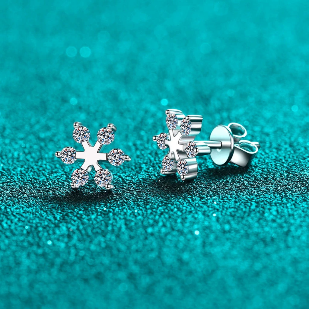 Snowflake Moissanite Stud Earrings in Rhodium-Plated S925 sterling silver product scene view showing side profile