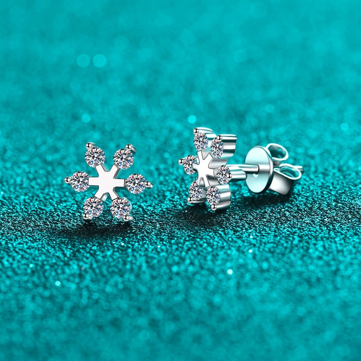 Snowflake Moissanite Stud Earrings in Rhodium-Plated S925 sterling silver product scene view showing side profile