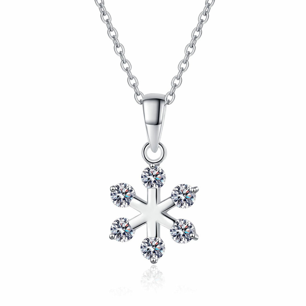 Snowflake Moissanite Pendant Necklace in Rhodium-Plated S925 sterling silver white background product photo showing snowflake pendant with small round moissanite points