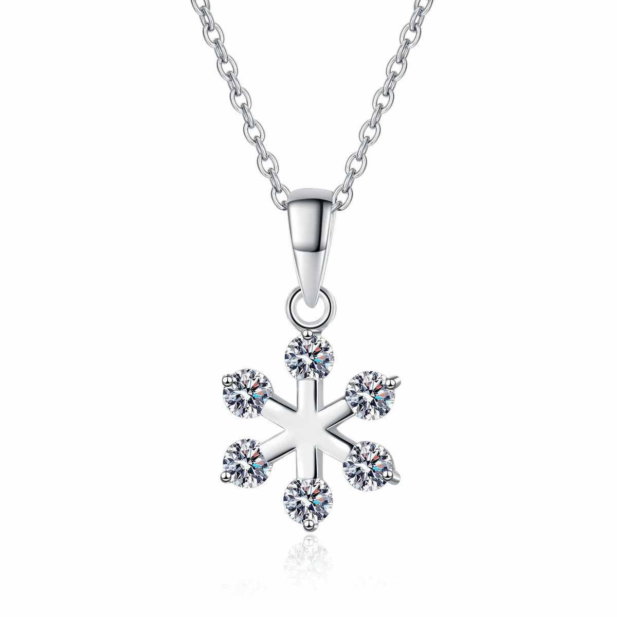 Snowflake Moissanite Pendant Necklace in Rhodium-Plated S925 sterling silver white background product photo showing snowflake pendant with small round moissanite points