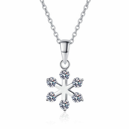 Snowflake Moissanite Pendant Necklace in Rhodium-Plated S925 sterling silver white background product photo showing snowflake pendant with small round moissanite points