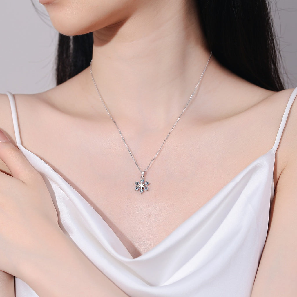 Snowflake Moissanite Pendant Necklace in Rhodium-Plated S925 sterling silver neckline model view showing pendant scale and chain length