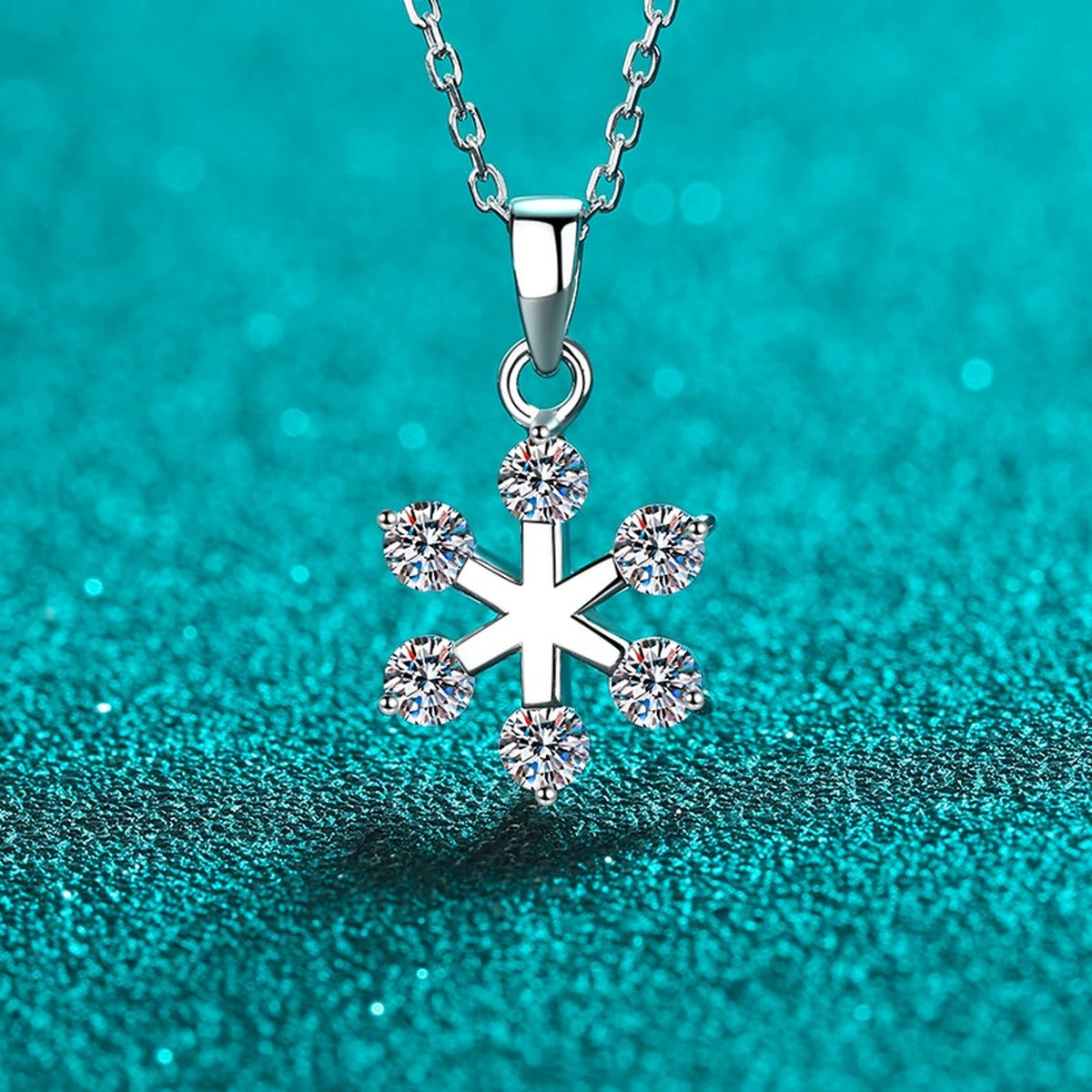 Snowflake Moissanite Pendant Necklace in Rhodium-Plated S925 sterling silver close-up product scene showing pendant setting