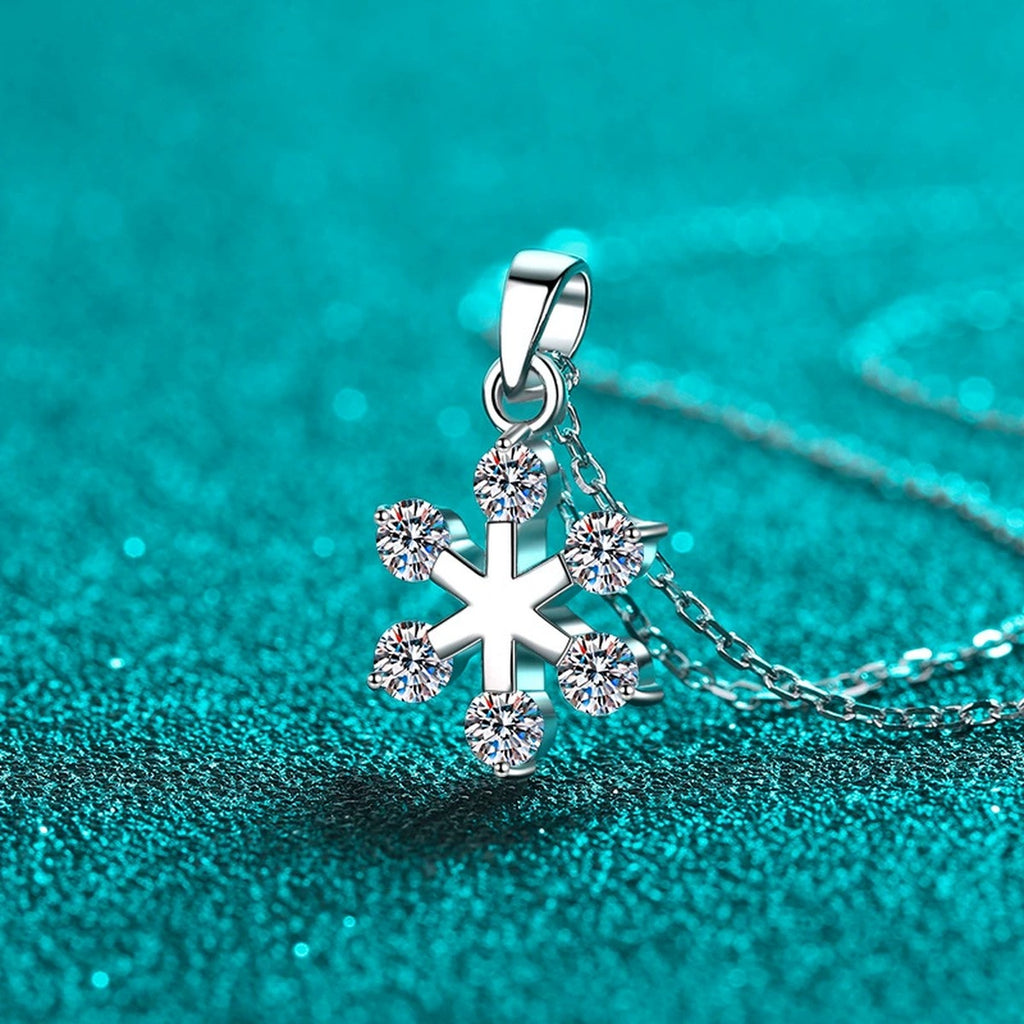 Snowflake Moissanite Pendant Necklace in Rhodium-Plated S925 sterling silver display scene showing chain and stone layout