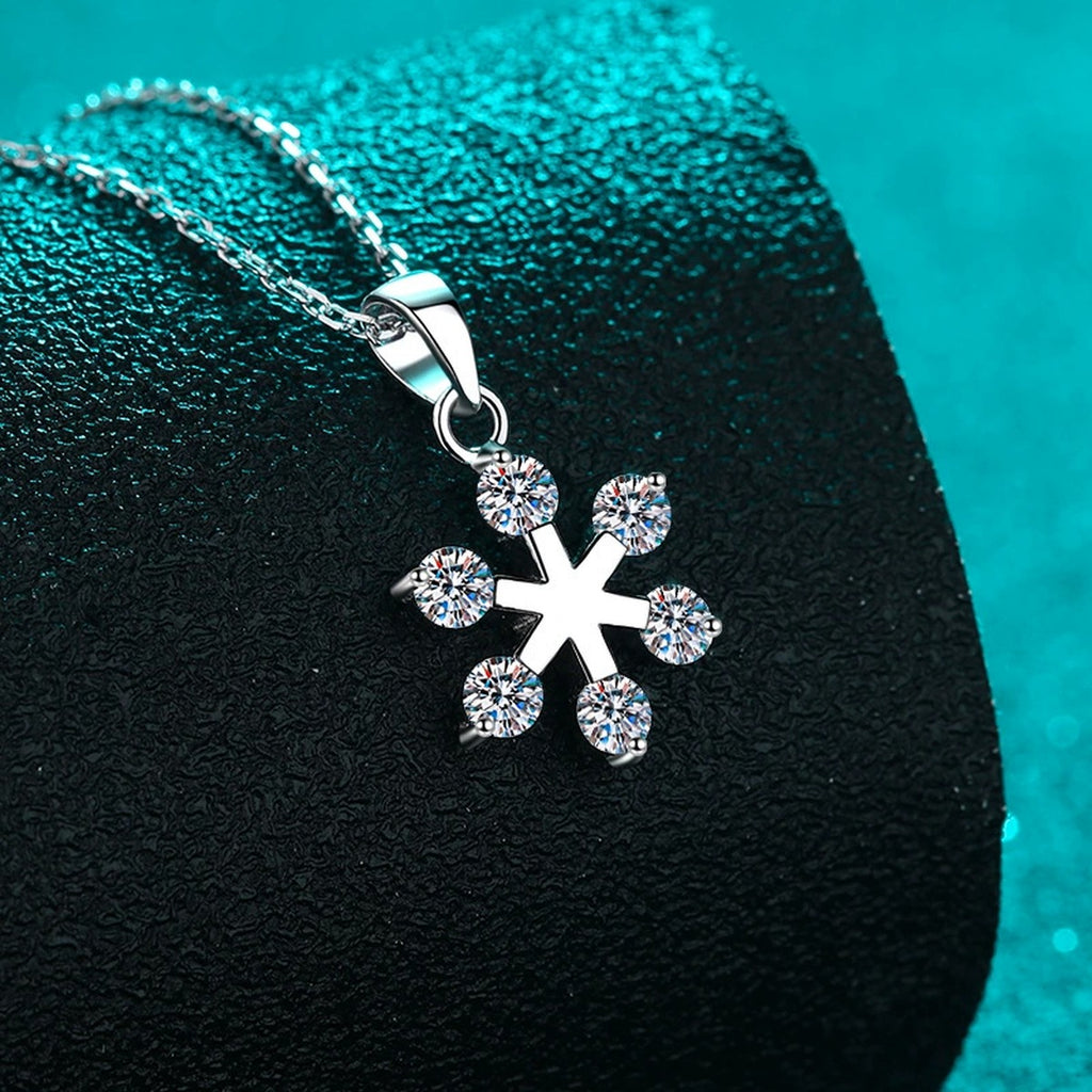 Snowflake Moissanite Pendant Necklace in Rhodium-Plated S925 sterling silver angled product detail view