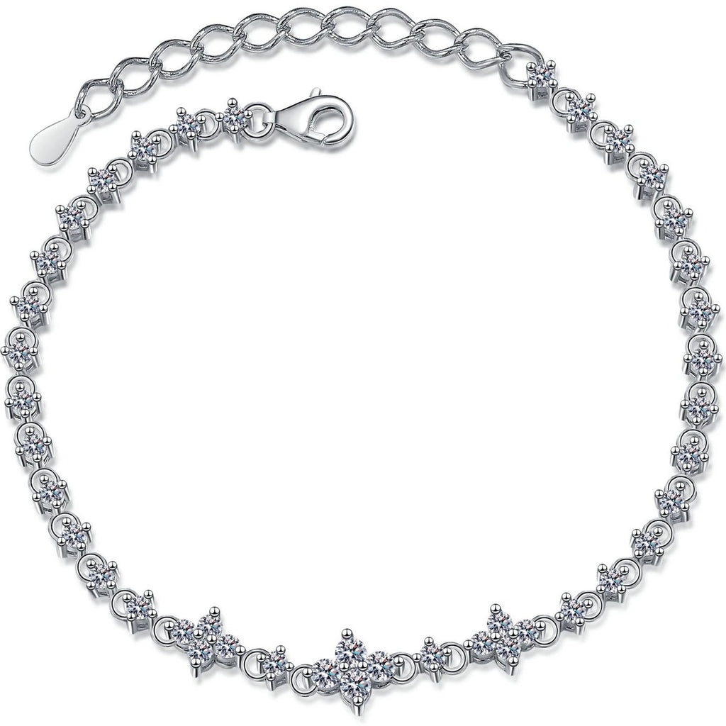 Four-Leaf Clover Moissanite Tennis Bracelet in Rhodium-Plated S925 sterling silver white background product photo showing bracelet shape and moissanite setting
