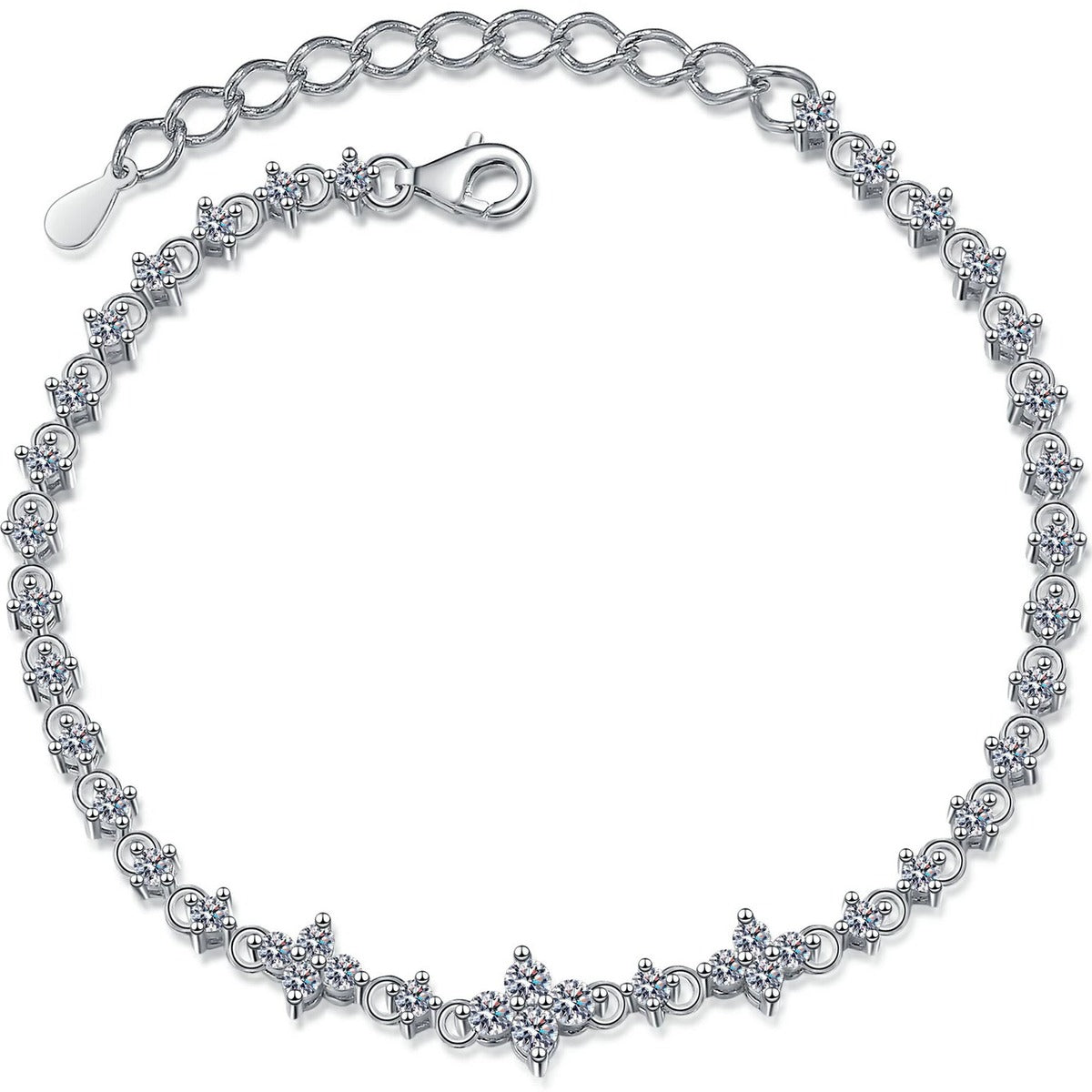 Four-Leaf Clover Moissanite Tennis Bracelet in Rhodium-Plated S925 sterling silver white background product photo showing bracelet shape and moissanite setting