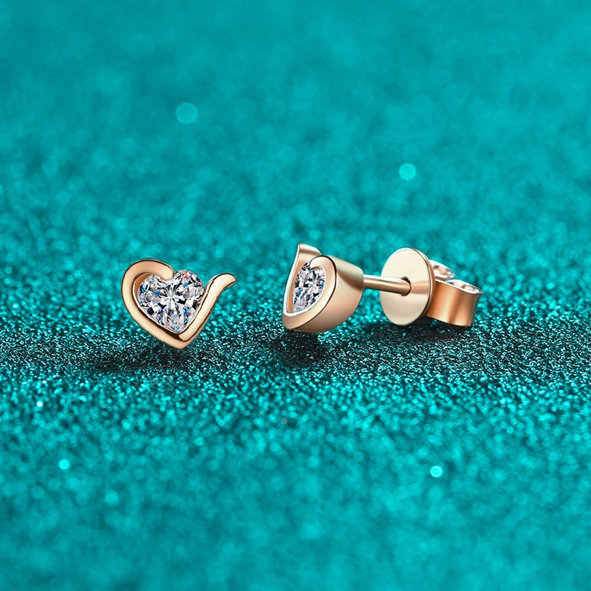 Heart Moissanite Stud Earrings in Champion Gold-Plated S925 sterling silver product scene view showing angled setting detail
