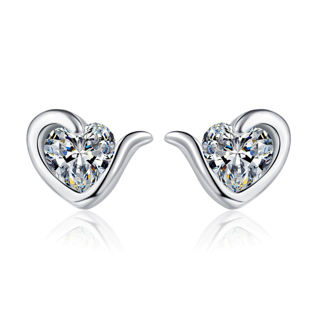Heart Moissanite Stud Earrings in Rhodium-Plated S925 sterling silver white background product photo showing the pair, stone shape, and stud earrings silhouette