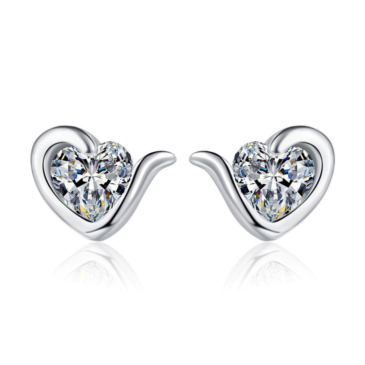Heart Moissanite Stud Earrings in Rhodium-Plated S925 sterling silver white background product photo showing the pair, stone shape, and stud earrings silhouette