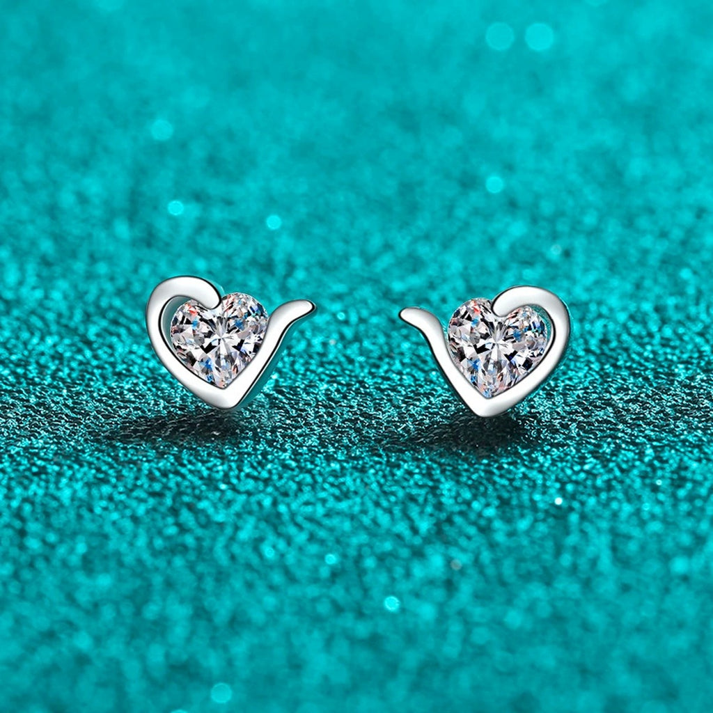 Heart Moissanite Stud Earrings in Rhodium-Plated S925 sterling silver product scene view showing front sparkle