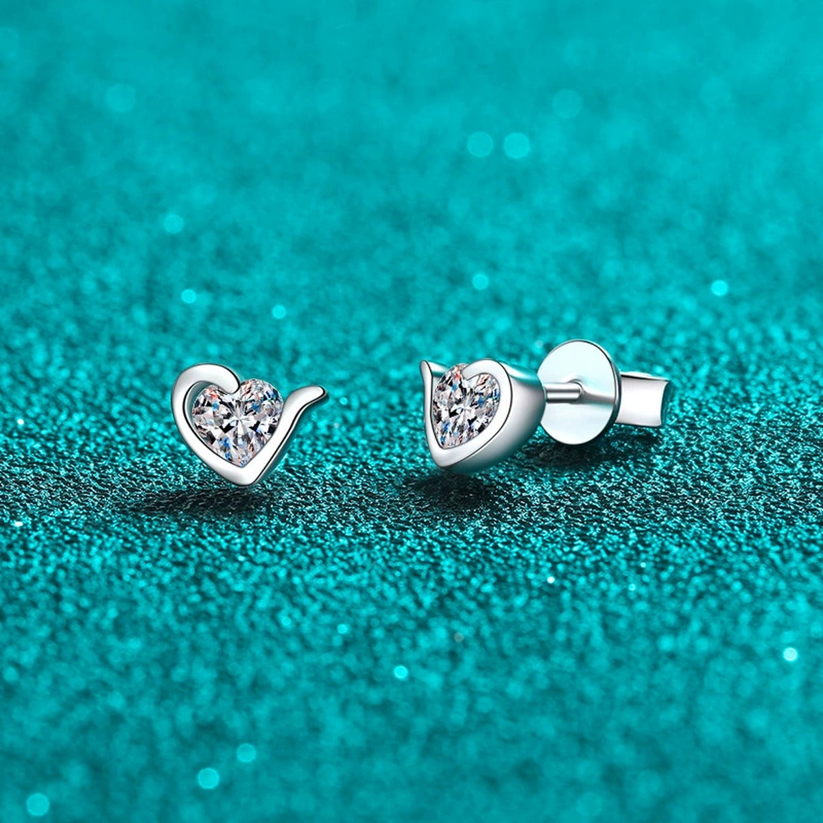 Heart Moissanite Stud Earrings in Rhodium-Plated S925 sterling silver product scene view showing side profile