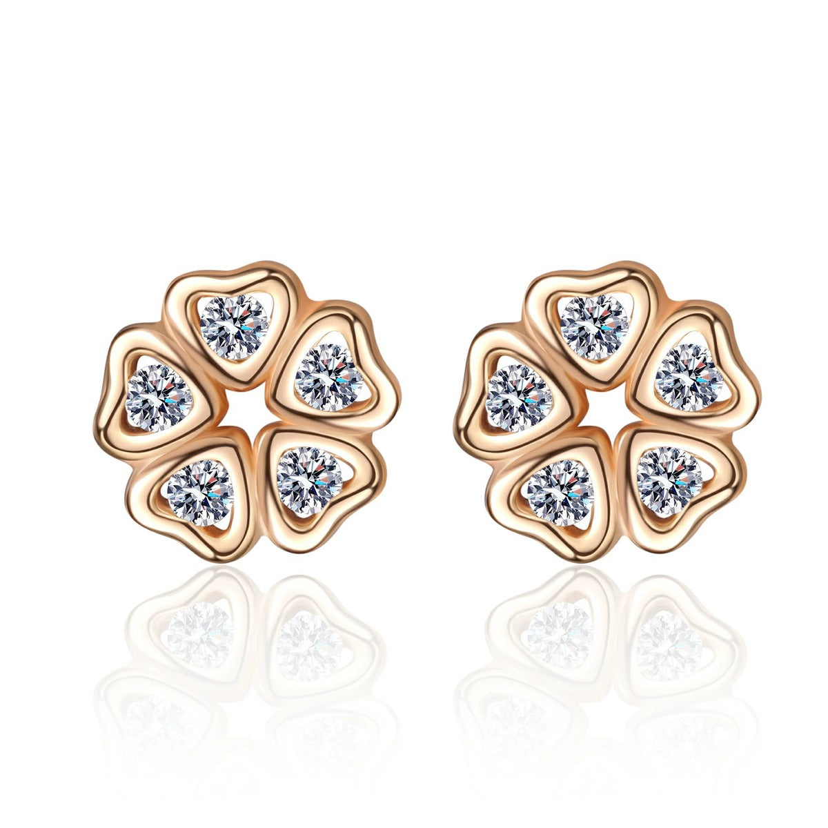Floral Moissanite Stud Earrings in Champion Gold-Plated S925 sterling silver white background product photo showing the pair, stone shape, and stud earrings silhouette