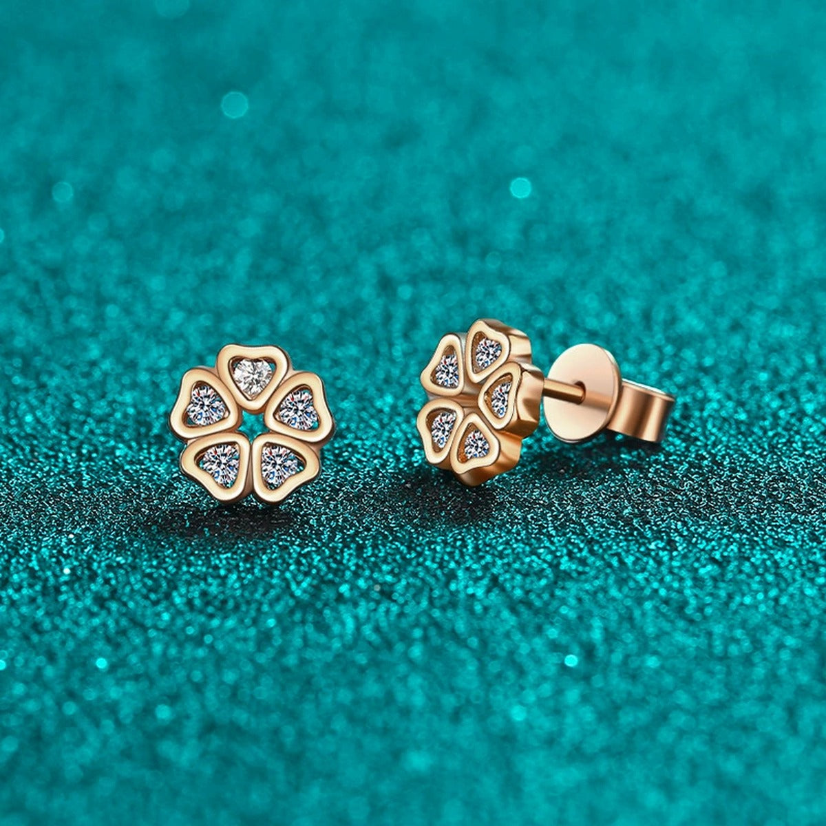 Floral Moissanite Stud Earrings in Champion Gold-Plated S925 sterling silver product scene view showing front sparkle