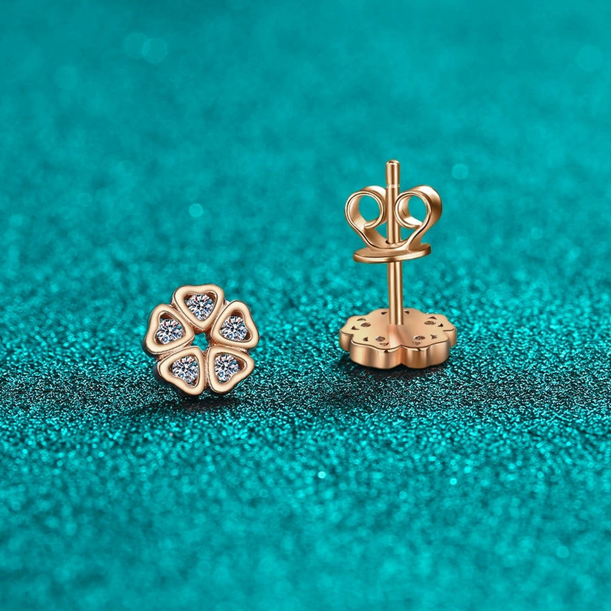 Floral Moissanite Stud Earrings in Champion Gold-Plated S925 sterling silver product scene view showing angled setting detail