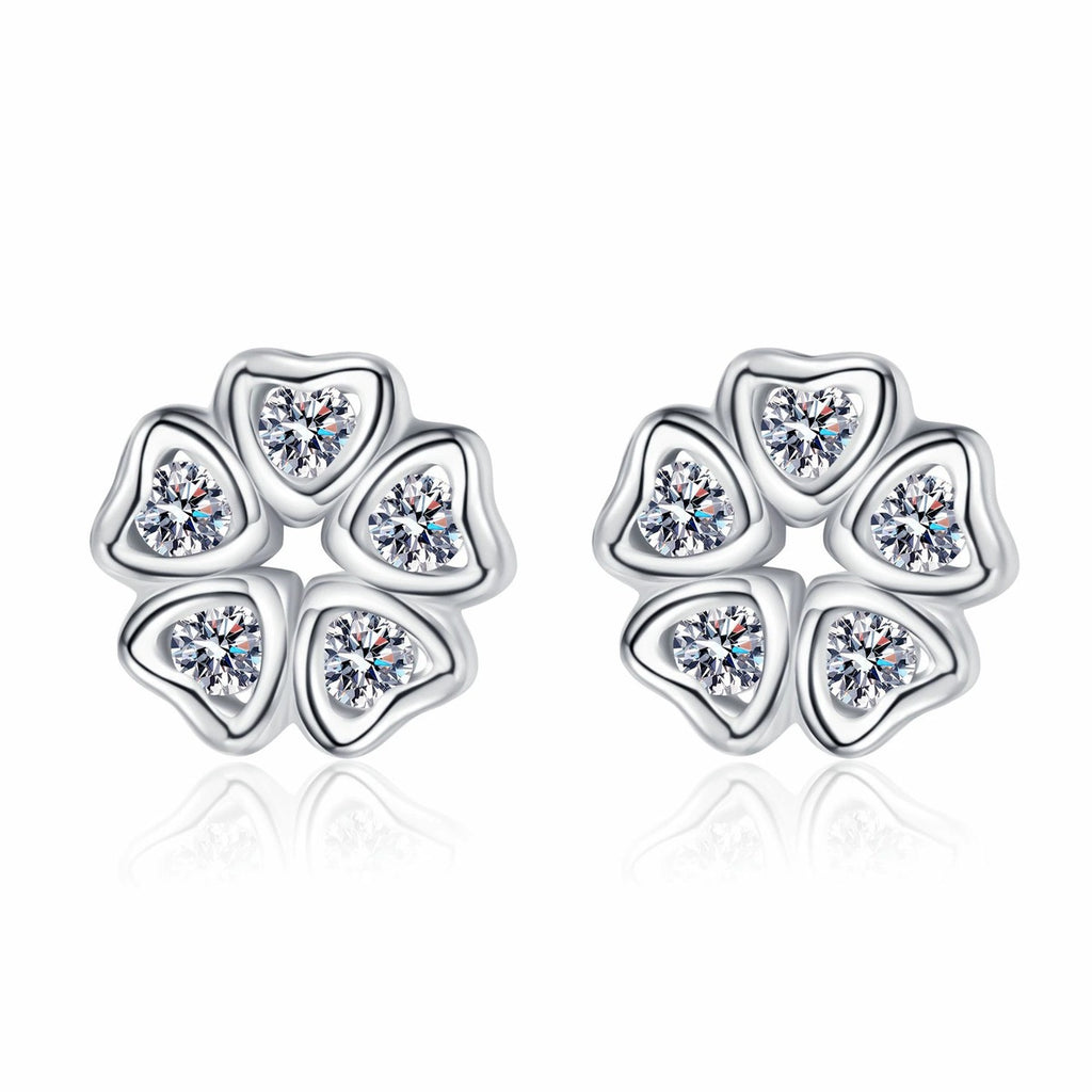 Floral Moissanite Stud Earrings in Rhodium-Plated S925 sterling silver white background product photo showing the pair, stone shape, and stud earrings silhouette