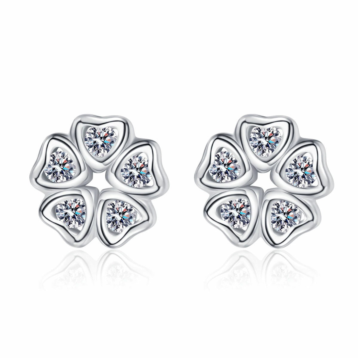 Floral Moissanite Stud Earrings in Rhodium-Plated S925 sterling silver white background product photo showing the pair, stone shape, and stud earrings silhouette